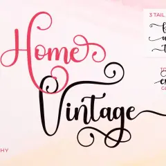 Elegant script font with decorative swashes, showcasing "Home Vintage" and "font with tail" examples.