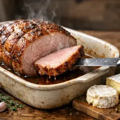 Une cote de veau rôtie et juteuse, tranchée et servie dans un plat, avec du fromage coulant et des herbes fraîches.