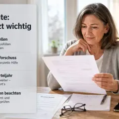 Frau liest Dokumente zur Witwenrente nach dem Tod ihres Partners. Wichtige Infos: Antrag, Vorschuss, Sterbevierteljahr, Einkommen.