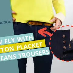 Instructional image showing how to sew a button placket fly in jeans trousers. Close-up shows three buttons and buttonholes.
