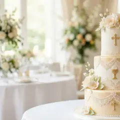 Elegancki tort na komunię dla dziewczynki, ozdobiony kwiatami i symbolami sakramentu. Tło stanowi udekorowana sala bankietowa.