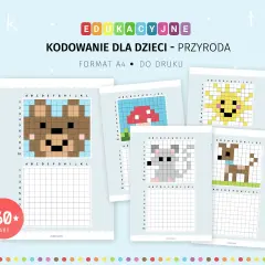 Zestaw kart do druku: kodowanie dla dzieci z motywami przyrody – miś, słońce, grzyb, myszka, piesek.