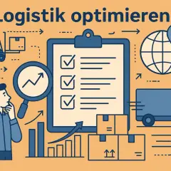 Mann plant die Optimierung von warehousing and logistics. Gabelstapler, LKW, Pakete, Checkliste und Diagramme symbolisieren Effizienzsteigerung.