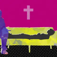 Terapia gestalt i kościół: sylwetka osoby na kanapie, terapeuta obok, krzyż w tle.