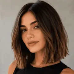 Mujer con un elegante corte long bob, cabello castaño con reflejos sutiles, mirada serena y labios pintados en tono nude.