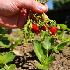Main d'une personne tenant un bouquet de fraises fraîchement cueillies. L'arrosage fraise est essentiel pour obtenir de beaux fruits.
