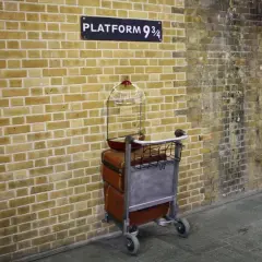 Wózek z bagażami i klatką dla ptaków przy ścianie z napisem "Platform 9 3/4" - magiczne miejsce jak z Kings Cross Harry Potter.