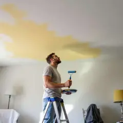 Un homme sur une échelle regarde une tache de peinture qui jaunit au plafond, prêt à la recouvrir.
