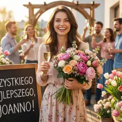 Radosne imieniny Jolanty na tarasie. Uśmiechnięta solenizantka z bukietem kwiatów i kieliszkiem szampana. Na tablicy napis "Wszystkiego najlepszego, Joanno!".