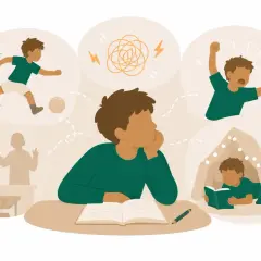 En pojke sitter vid ett bord med en öppen bok, omgiven av tankebubblor som visar lek, ilska, klassrum och en mysig koja. Tidiga tecken på adhd kan yttra sig på många sätt.