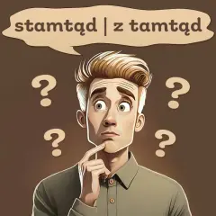Zastanawia się, stamtąd czy z tamtąd? Wokół niego unoszą się znaki zapytania, podkreślając jego dylemat.