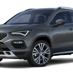 Szary Seat Ateca z widocznymi felgami i tablicą rejestracyjną. Sprawdź seat ateca wymiary, by poznać jego gabaryty.