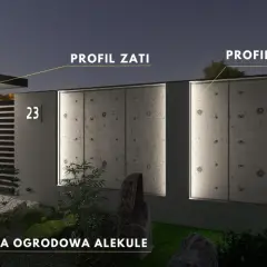 Nowoczesne oświetlenie ogrodzenia z profilami LED i kulą ogrodową tworzy nastrojową atmosferę.