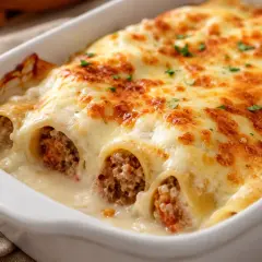 Canelones de carne gratinados con queso derretido y perejil picado, listos para disfrutar.