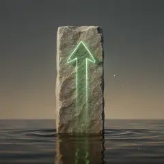 Ein Stein mit leuchtend grünem Pfeil ragt aus ruhigem Wasser. Symbolisiert Wachstum und Stärke, wie bei den Vaneck Morningstar Developed Markets Dividend Leaders.