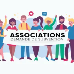 Groupe d'associatifs joyeux tenant une banderole "ASSOCIATIONS DEMANDE DE SUBVENTION". Idéal pour un modèle lettre demande subvention mairie pour association.