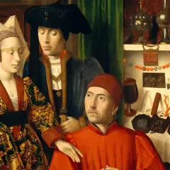 A family portrait in the style of northern Renaissance art, showcasing rich fabrics, intricate jewelry, and a detailed domestic setting.