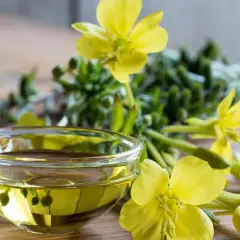 Aceite de onagra en un cuenco de cristal rodeado de flores amarillas, destacando sus beneficios naturales.