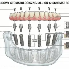 Schemat systemu all-on-6: ceramiczny most, sztuczne dziąsło, 6 implantów tytanowych w kości szczęki, łączniki Multi-Unit.