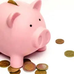 Różowa świnka skarbonka z monetami na białym tle.