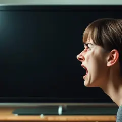 Femme criant devant une télévision éteinte, frustrée par un problème TV télécom.