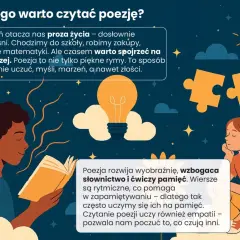 Chłopiec czyta książkę, z której emanuje światło. Wiersze o poezji rozwijają wyobraźnię i wzbogacają słownictwo.