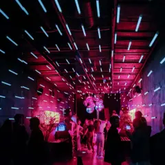 Ein **Partyraum gestalten** mit Neonröhren und Discokugeln. Menschen tanzen im pulsierenden Licht.