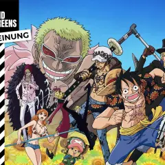 Ein "One Piece"-Pause-Moment mit Luffy, Law, Sabo, Doflamingo und anderen Piraten vor einer Sonnenblumenwiese.