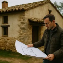 Hombre revisa planos frente al **cortijo Barranco Hondo**, una edificación rústica de piedra y tejas.