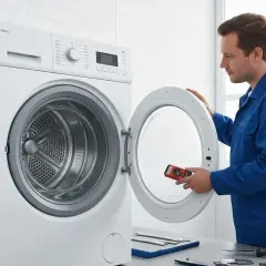 Un technicien examine une machine à laver Hotpoint avec un outil, suggérant un problème.