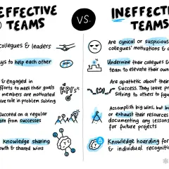 Effective vs. ineffective teams: trust, collaboration, and learning drive success, while suspicion, undermining, and knowledge hoarding hinder performance management.