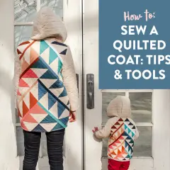 Learn how to make a quilt jacket with this guide. Two people, one adult and one child, wear matching quilted jackets with colorful geometric patterns.