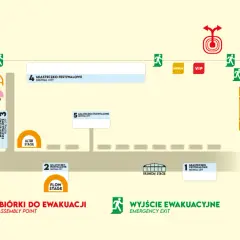 Mapa terenu festiwalu z zaznaczonymi scenami, miasteczkami, punktami wejścia/wyjścia i punktem zbiórki do ewakuacji. W razie potrzeby opener ewakuacja jest jasno oznaczona.