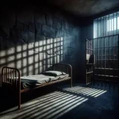 Mroczna cela więzienna z łóżkiem i kratami, przez które wpada światło.