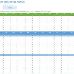 Modello di report spese mensili in Excel, con categorie di reddito e spese.