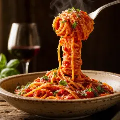 En gaffel lyfter en imponerande hög med ångande spaghetti med tomatsås, perfekt för ett enkelt nudlar recept. Basilika och parmesan toppar pastan.