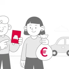 Uomo indica un'app per auto, donna tiene un sacco di soldi con simbolo euro. Un'auto sullo sfondo suggerisce un mini passaggio di proprietà.