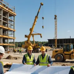 Budowlaniec w kasku i kamizelce odblaskowej analizuje plany na budowie. W tle widać dźwigi i konstrukcję budynku. Ciekawe, ile zarabia budowlaniec?