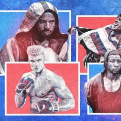 Four iconic boxers in their prime: Adonis Creed, Ivan Drago, Rocky Balboa, and Apollo Creed.