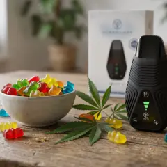 Bunte Hanf Gummibärchen liegen neben einem Vaporizer und Hanfblättern auf einem Holztisch.
