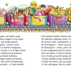 Ilustracja do "Lokomotywy" Juliana Tuwima. Dzieci i zwierzęta w kolorowych wagonach pociągu. Biografia dla dzieci.