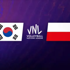 Flaga Korei Południowej i Polski obok logo VNL. Emblematy narodowe symbolizują starcie w siatkarskiej Lidze Narodów.