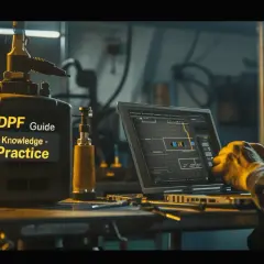 Warsztat z urządzeniem do czyszczenia DPF i mechanikiem pracującym na laptopie. DPF Guide - Wiedza - Praktyka.