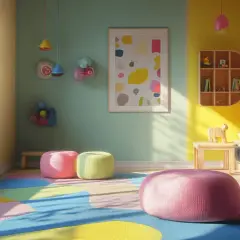 Ein fröhliches Kinderzimmer mit einem bunten **Farbkonzept**. Mintgrün, Gelb und Rosa dominieren, ergänzt durch Spielzeug und eine gemütliche Sitzecke.