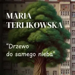 Duże, zielone drzewo wyrasta między blokami mieszkalnymi.