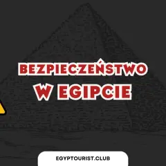Postać w stroju faraona trzyma znak ostrzegawczy, a na tle piramidy widnieje napis "Bezpieczeństwo w Egipcie". Czy w Egipcie jest teraz bezpiecznie?