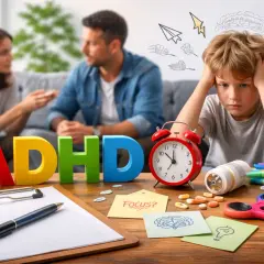 Chłopiec z ADHD, zdezorientowany, z rękami na głowie. Obok litery ADHD, budzik, leki i zabawka fidget spinner.