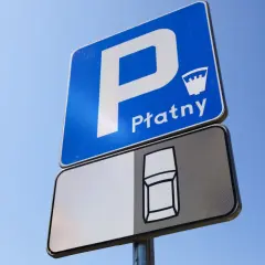 Znak D18 informuje o płatnym parkingu. Widoczny jest symbol samochodu i niebo.