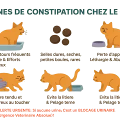 Mon chat ne fait plus caca depuis 4 jours. L'image montre les signes de constipation féline : allers-retours à la litière, selles rares, perte d'appétit, ventre tendu.