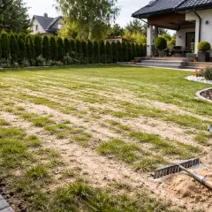Piaskowanie trawnika w trakcie. Grabie i wiadro z piaskiem czekają na dalsze prace.